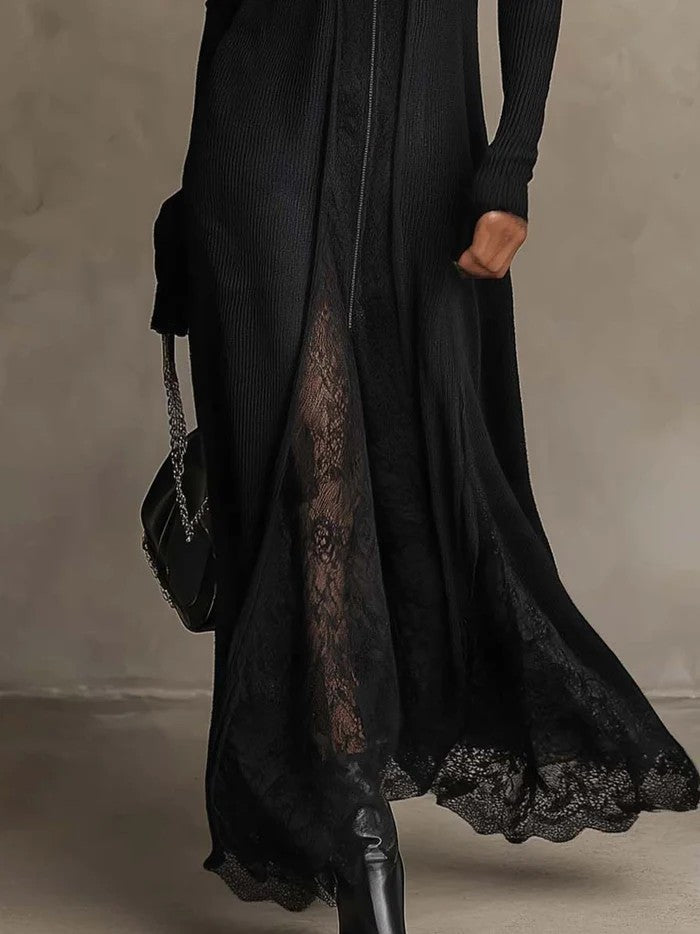 Abito Lola — Lungo in Maglia Costine con Pizzo