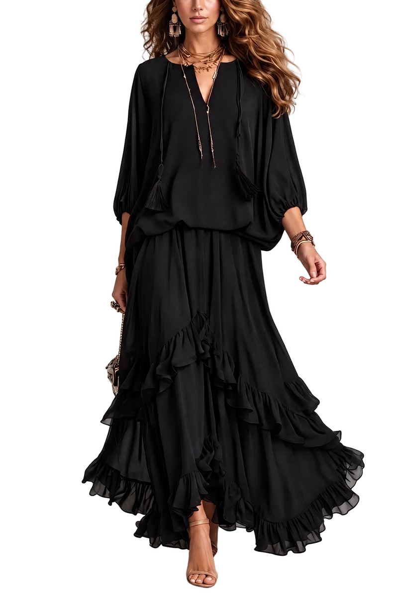 Completo Elvira — Top in chiffon con frange e gonna a balze nero
