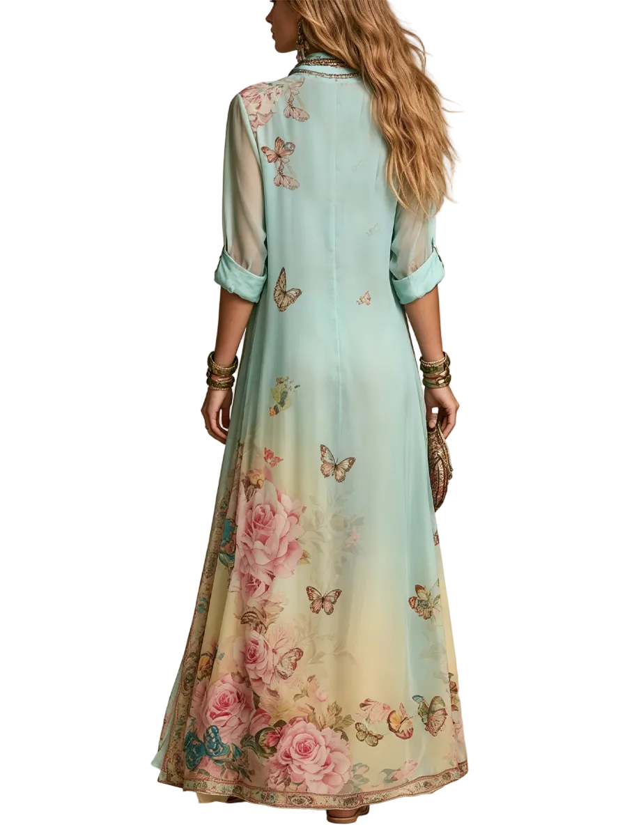 Abito Mónica — Maxi in chiffon con stampa barocca