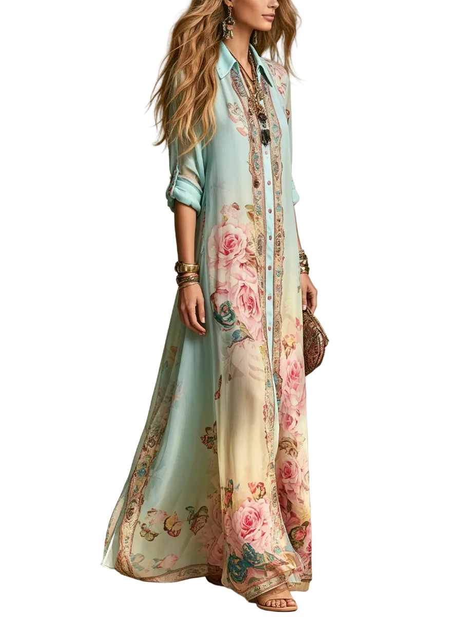 Abito Mónica — Maxi in chiffon con stampa barocca