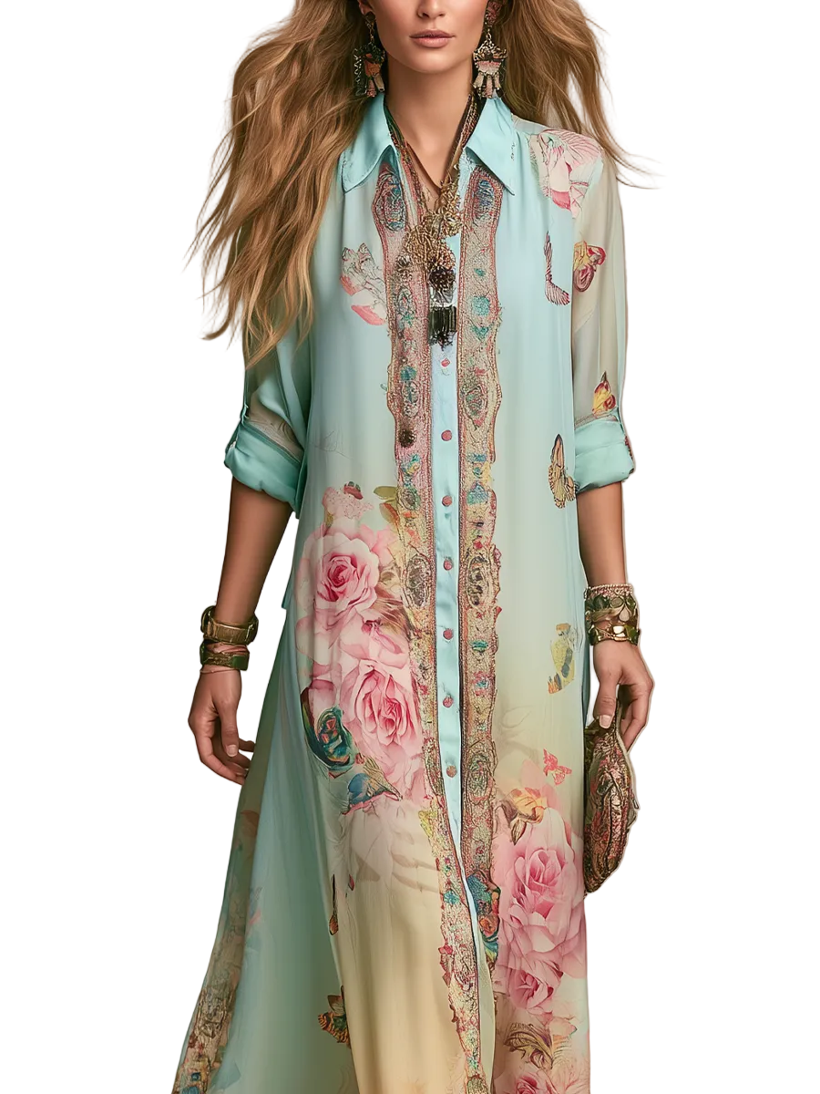 Abito Mónica — Maxi in chiffon con stampa barocca