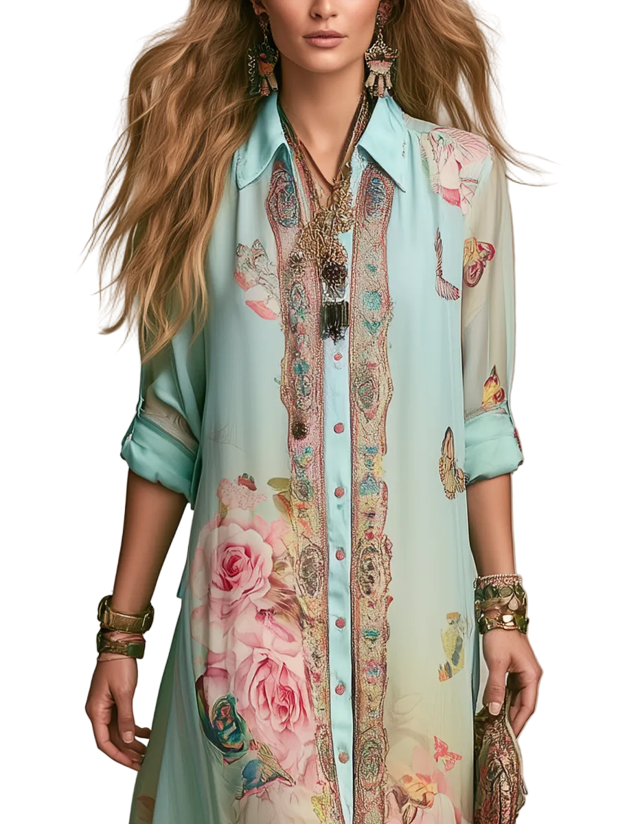 Abito Mónica — Maxi in chiffon con stampa barocca