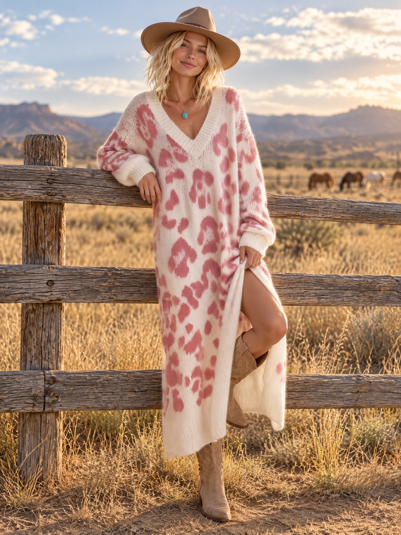 Vestido Elena — Largo de Punto Boho con Leopardo Rosa