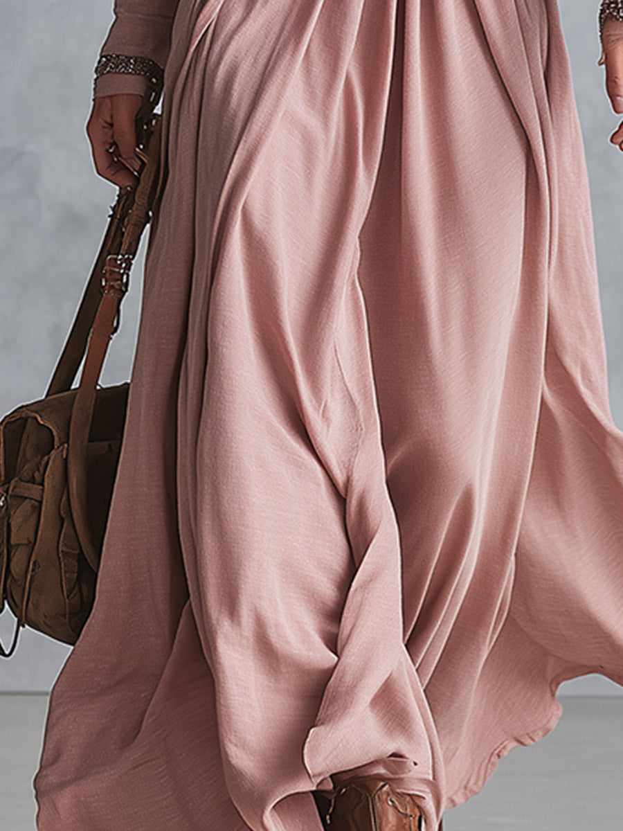 Vestido Vera — Largo de Algodón Rosa Empolvado con Lazada