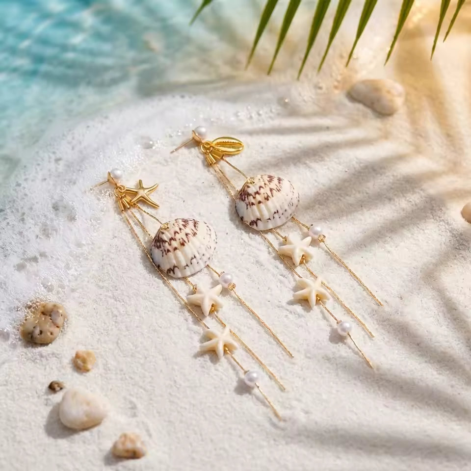 Pendientes Largos Estilo Sirena con Estrella de Mar y Concha