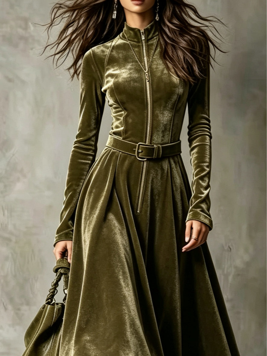 Vestido Vega — Largo de Terciopelo con Cremallera y Cinturón