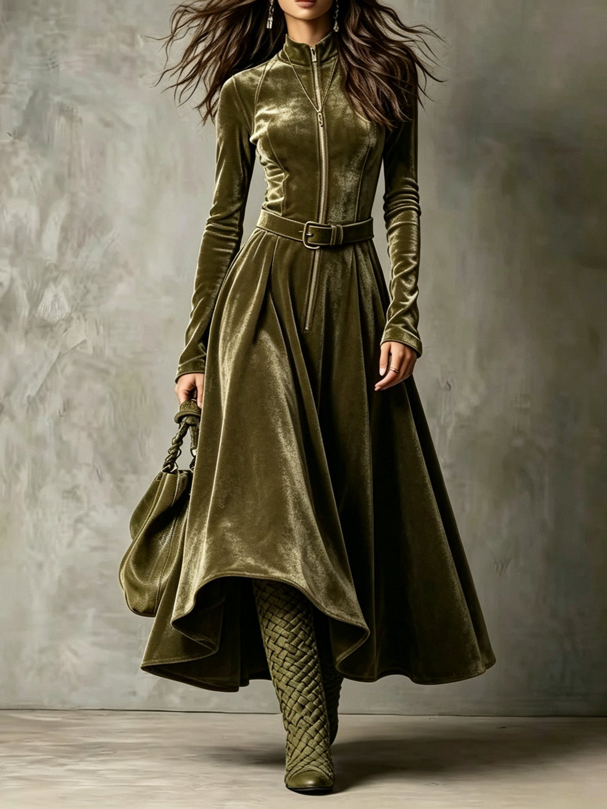 Vestido Vega — Largo de Terciopelo con Cremallera y Cinturón