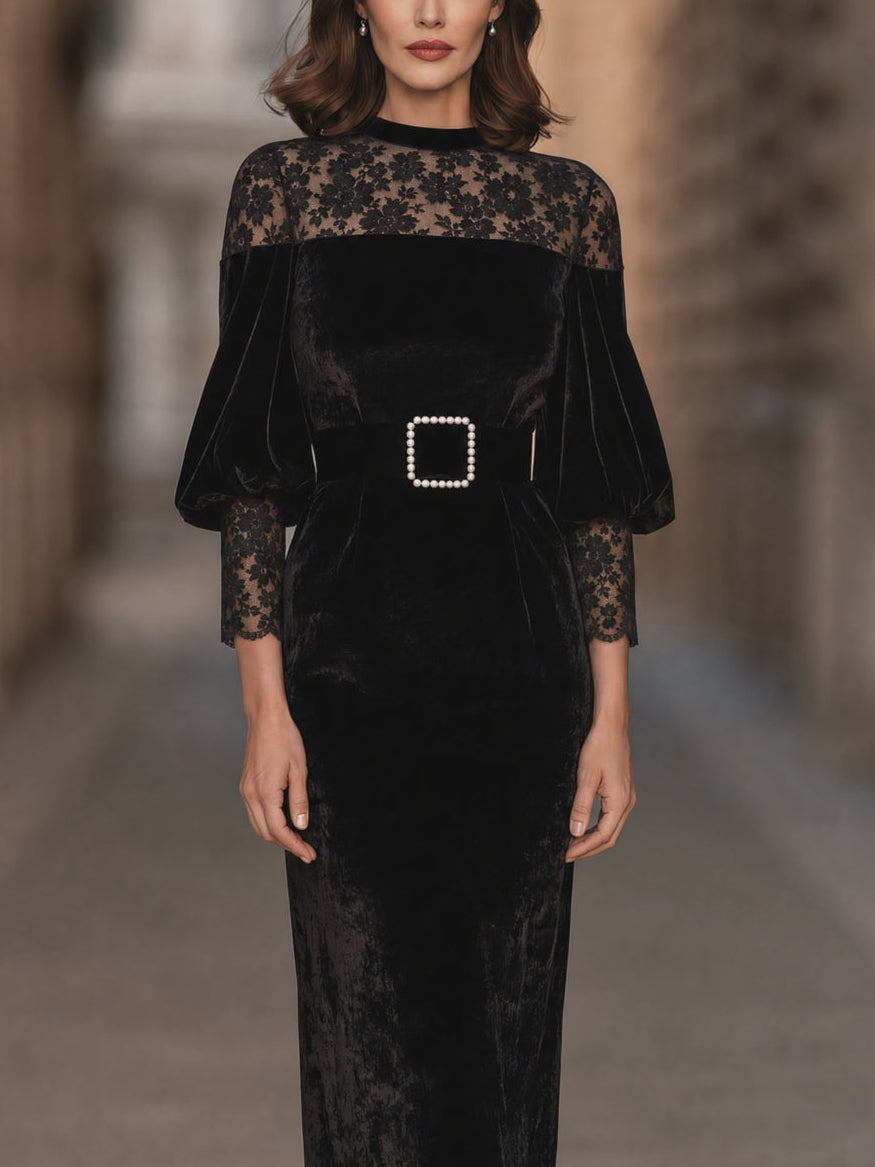 Abito Dolores — Midi in velluto nero con pizzo