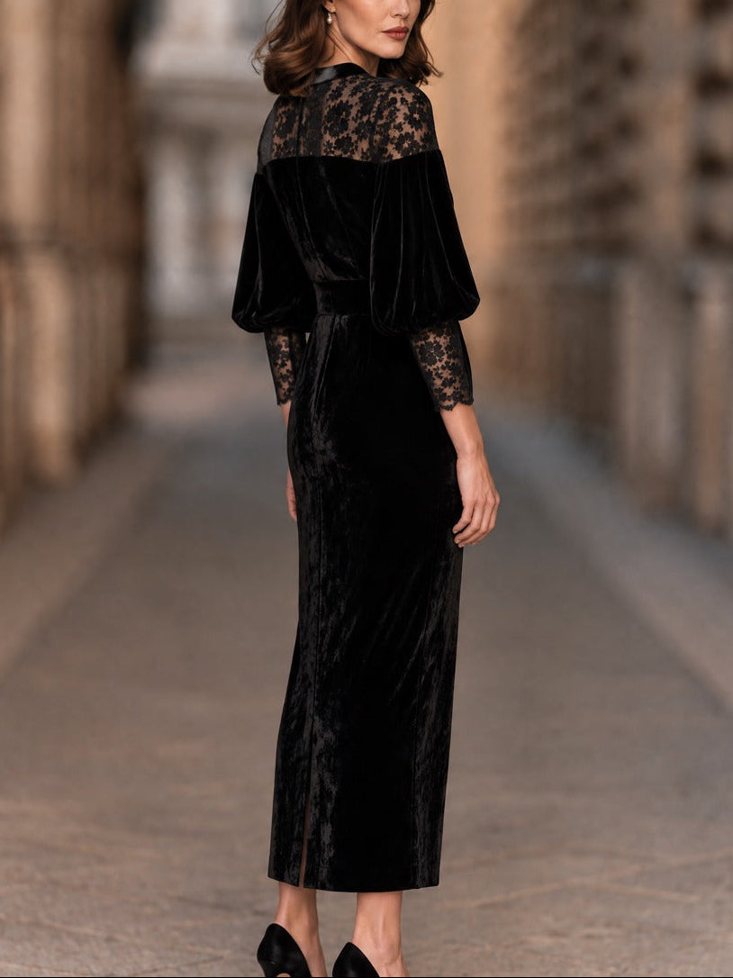 Abito Dolores — Midi in velluto nero con pizzo