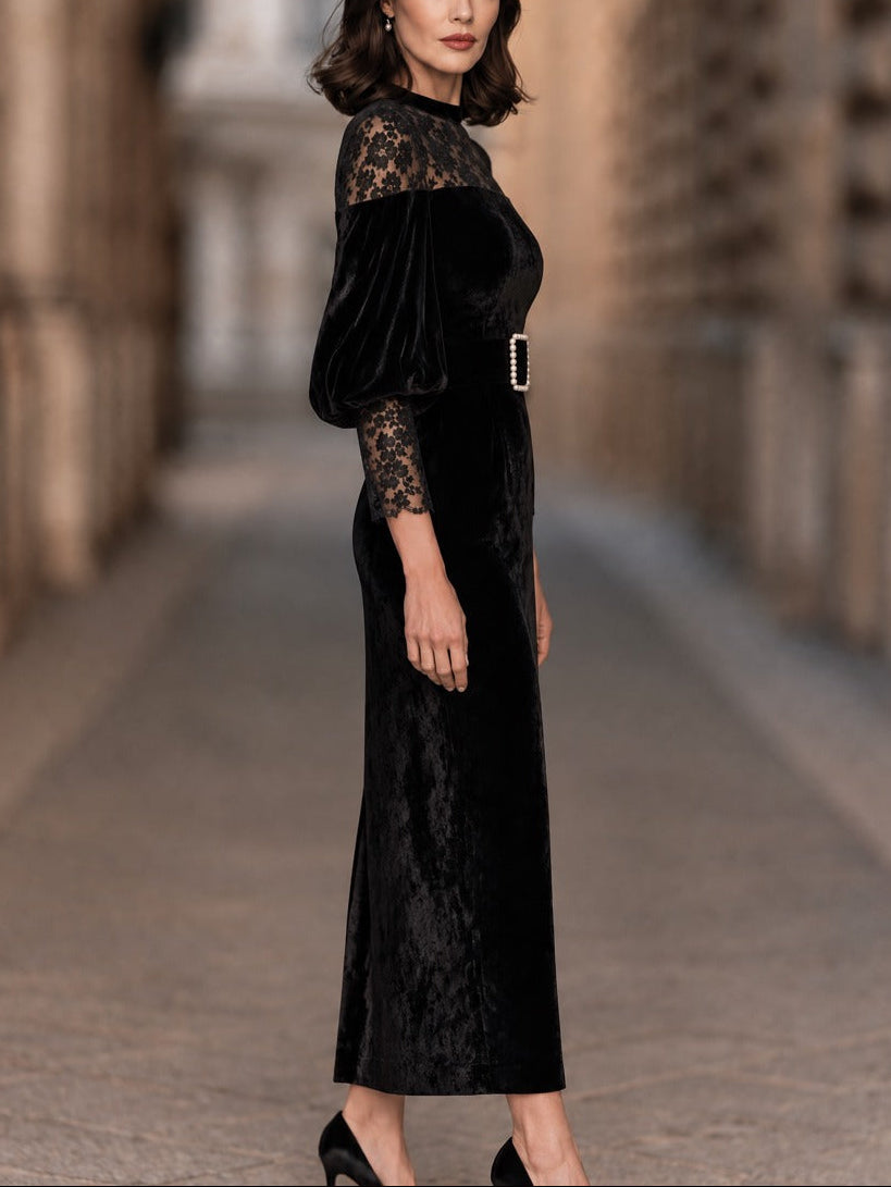 Abito Dolores — Midi in velluto nero con pizzo