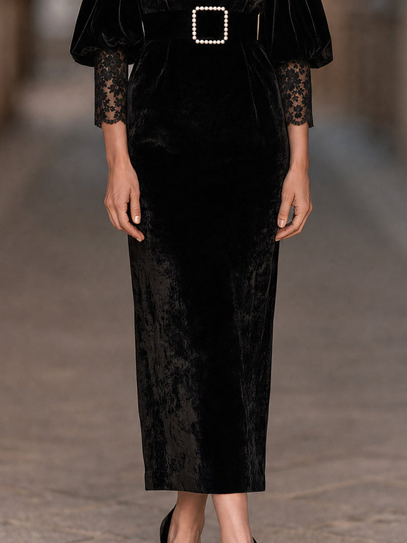 Vestido Dolores — Midi de Terciopelo Negro con Encaje