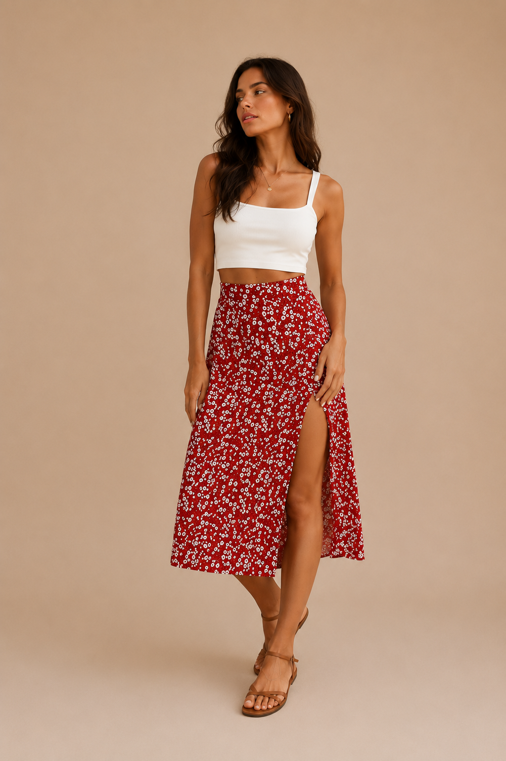 Falda Midi Floral de Chifón con Abertura Lateral