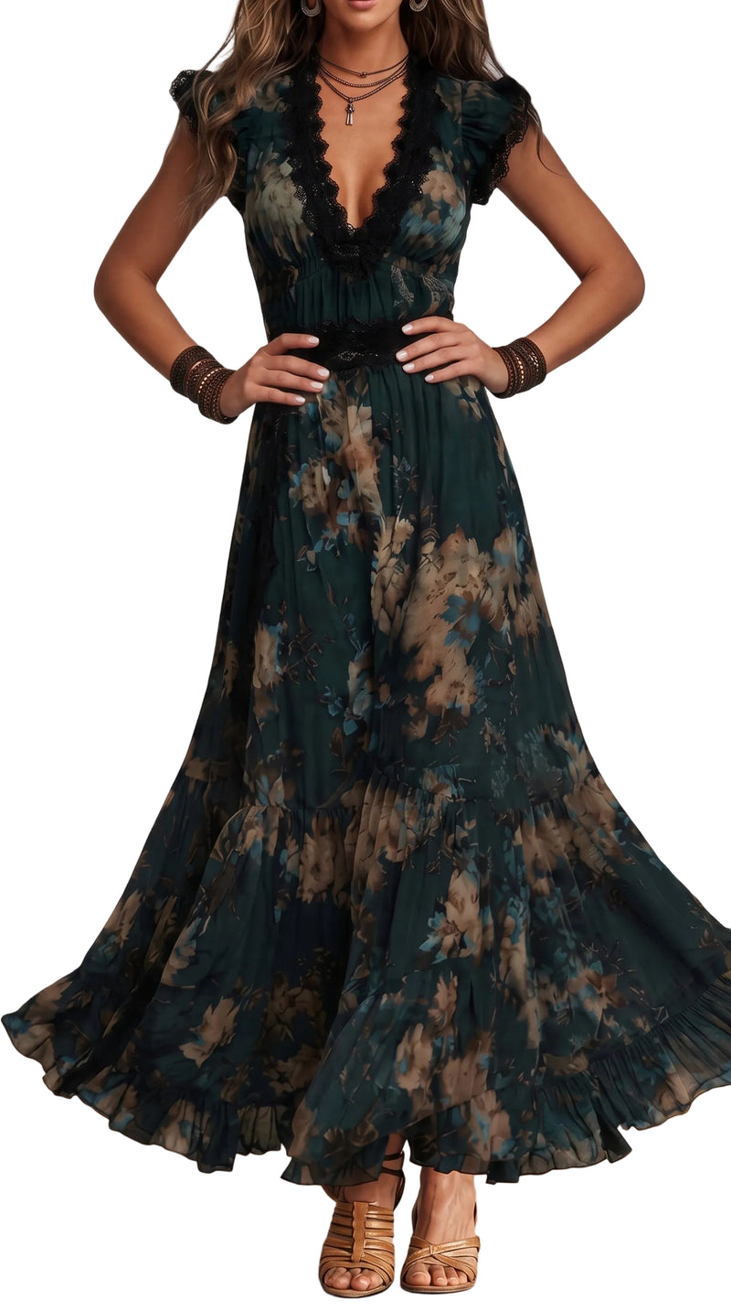 Abito Rosa — Lungo in Chiffon Vintage con Pizzo Floreale