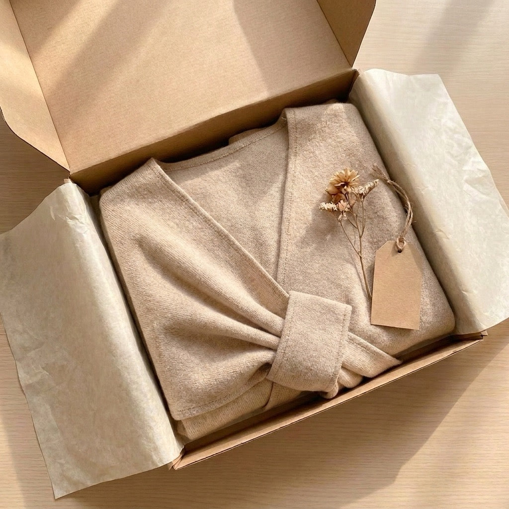 Poncho chal largo beige empaquetado