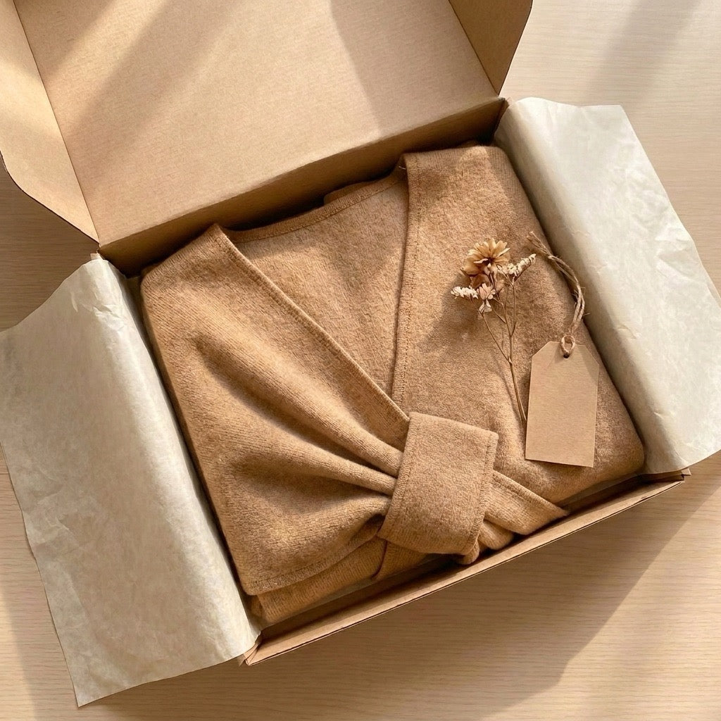 Poncho chal largo camel empaquetado