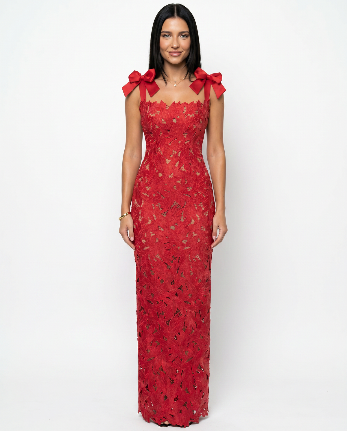 Thalina • Vestido Maxi con Encaje y Tirantes de Lazo