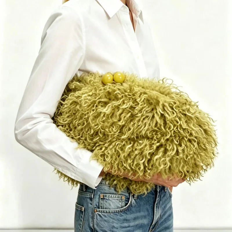 Bolso de Mano Efecto Pelo Kisslock - color lemon