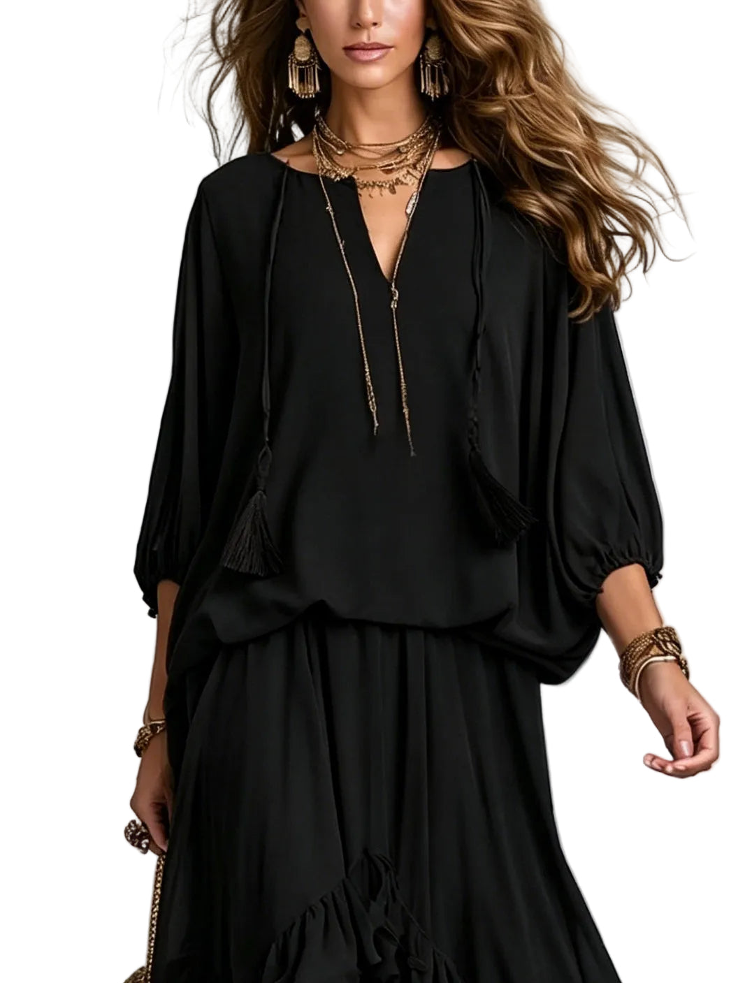Conjunto Elvira — Top de Gasa con Flecos y Falda de Volantes