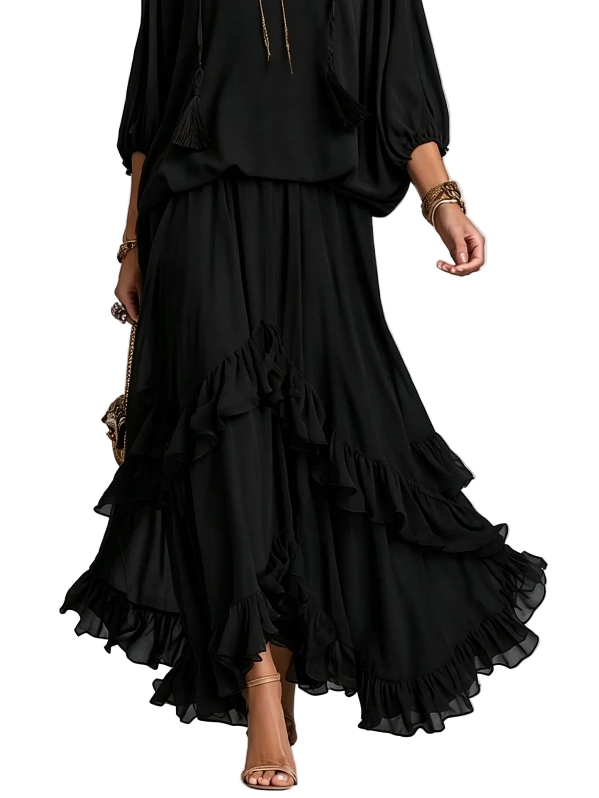 Conjunto Elvira — Top de Gasa con Flecos y Falda de Volantes