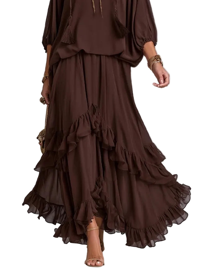 Conjunto Manuela — Top de Gasa con Flecos y Falda de Volantes