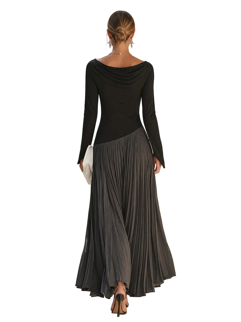 Vestido Marina — Maxi Plisado con Cuello Drapeado