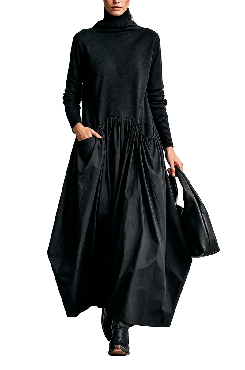 Vestido Ana — Maxi Oversize de Cuello Alto con Bolsillos