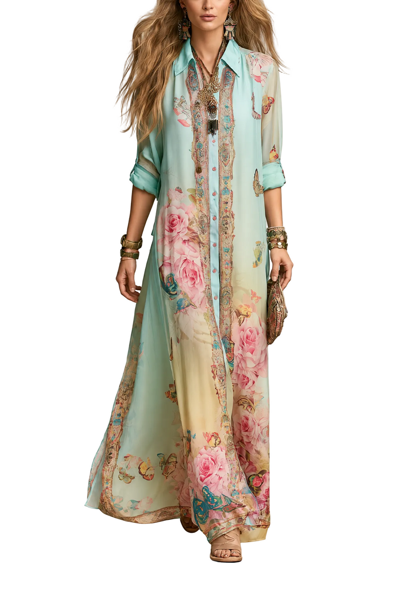 Abito Mónica — Maxi in chiffon con stampa barocca