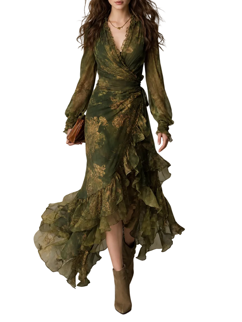 Vestido Alejandra — Largo de Gasa con Volantes Florales