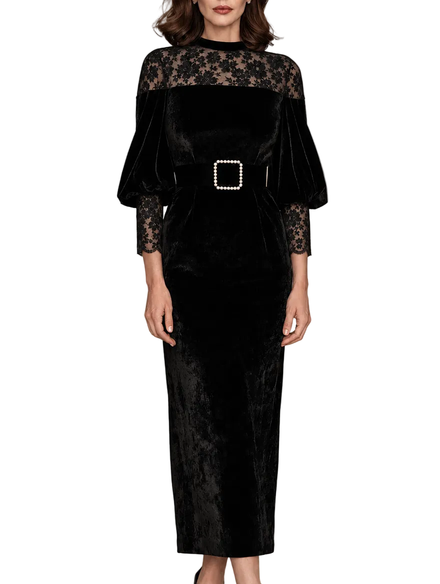Abito Dolores — Midi in velluto nero con pizzo