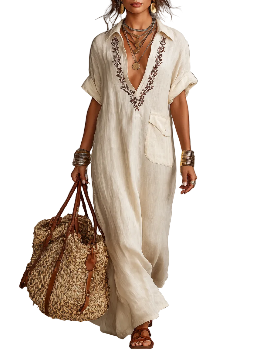Vestido Selena — Maxi Camisero de Lino Bordado