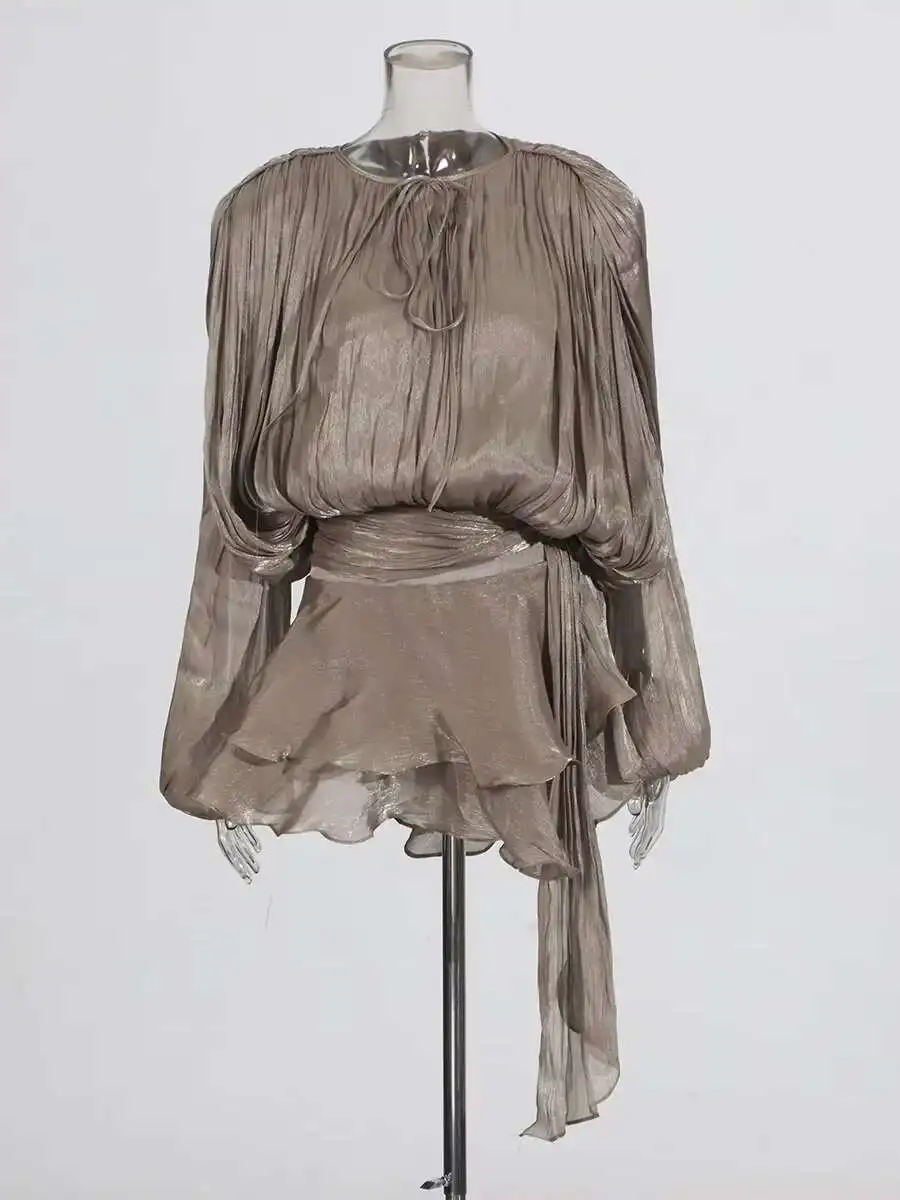 Blusa Elegante Plisada de Manga Larga para Mujer