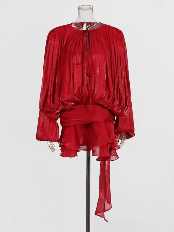 Blusa Elegante Plisada de Manga Larga para Mujer