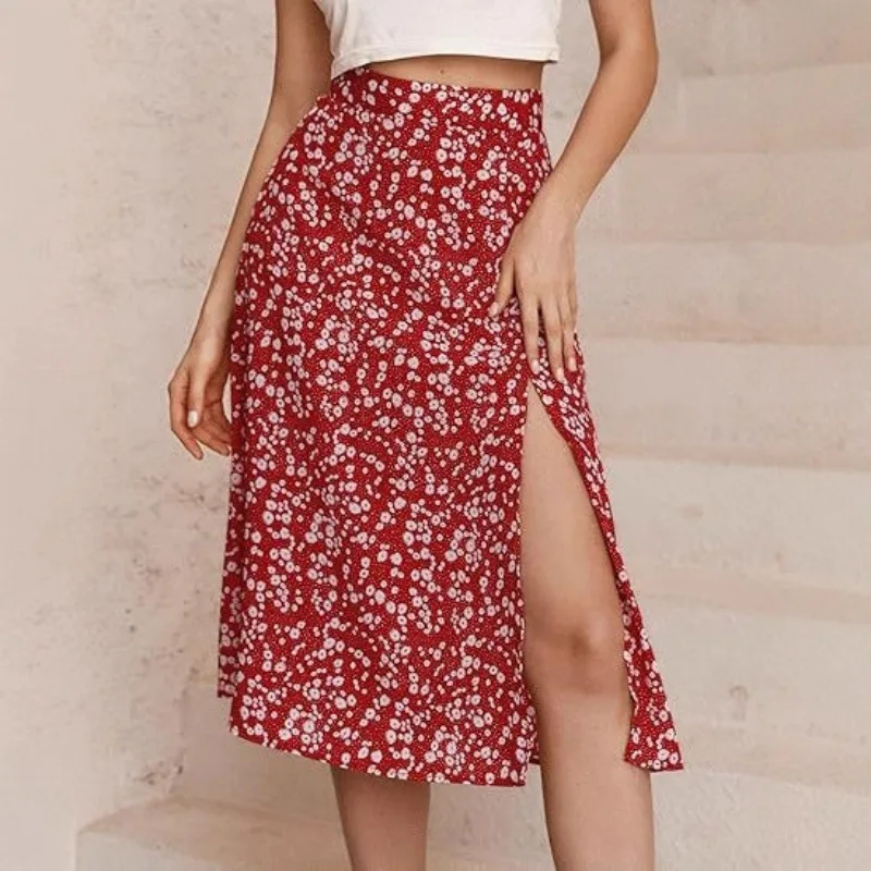 Falda Midi Floral de Chifón con Abertura Lateral