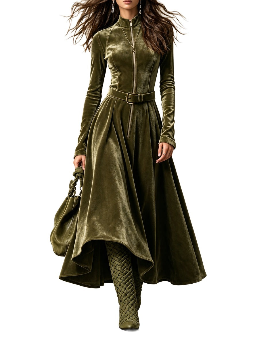 Vestido Vega — Largo de Terciopelo con Cremallera y Cinturón