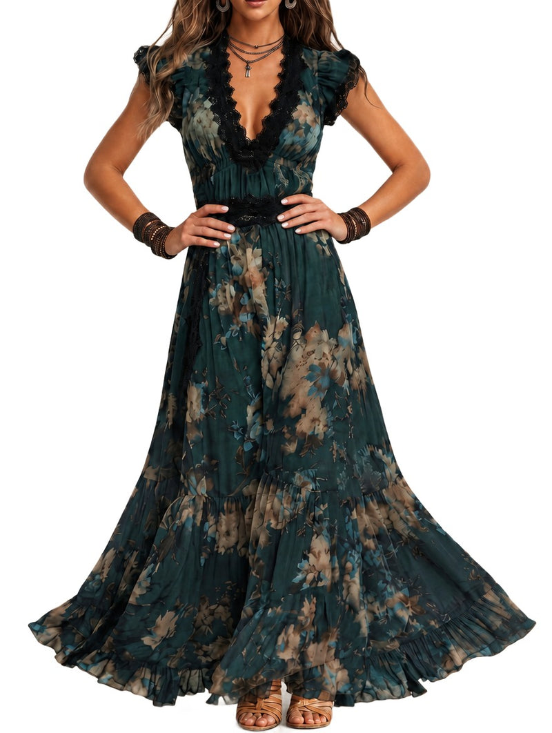 Abito Rosa — Lungo in Chiffon Vintage con Pizzo Floreale